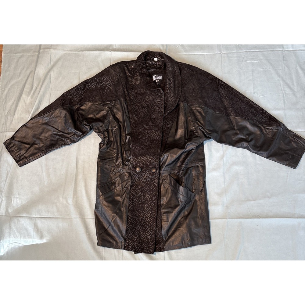Comint Vintage Black Leather Coat Textured Mixed Media Oversized Jacket Mens M